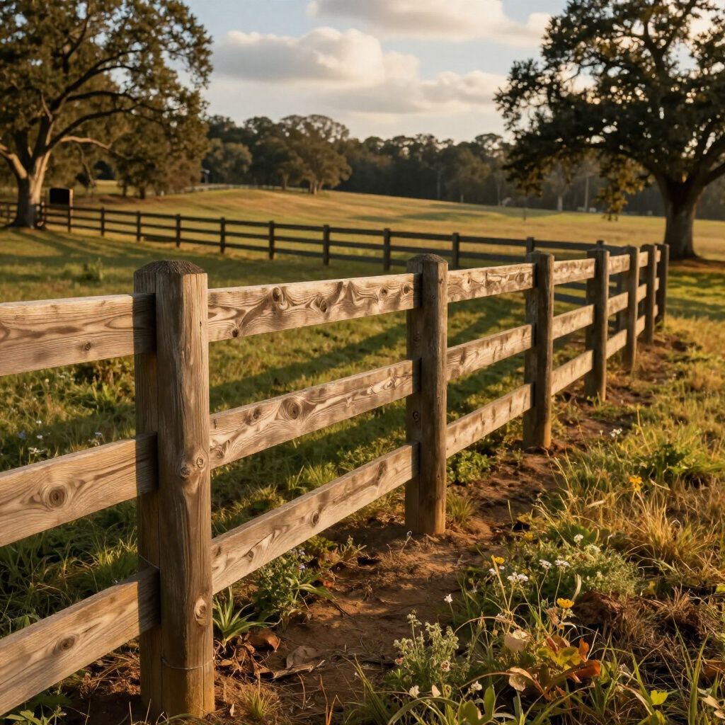 White vinyl fence bordering a landscaped garden with small evergreen trees and flowers, sidewalk in foreground.