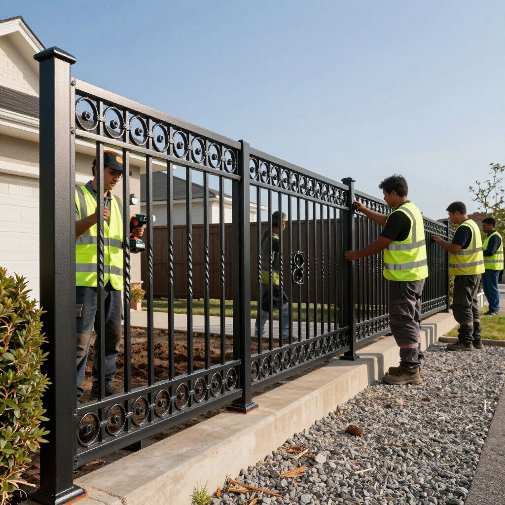 Workers in safety vests installing a black metal fence in front of a house on a sunny day.