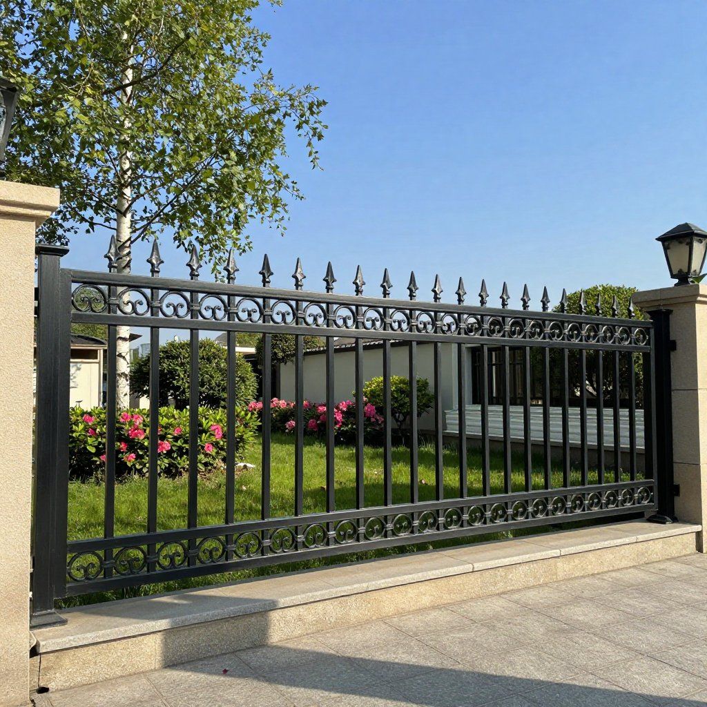 Black wrought iron fence with decorative details, on a stone base, surrounding a yard with green grass and pink flowers.