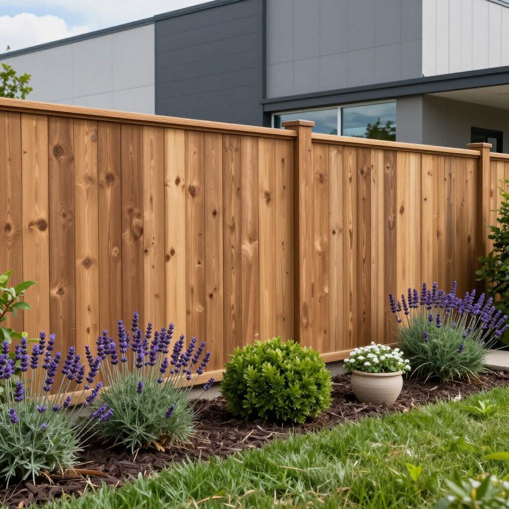 Wooden privacy fence with lavender and greenery in a landscaped yard.