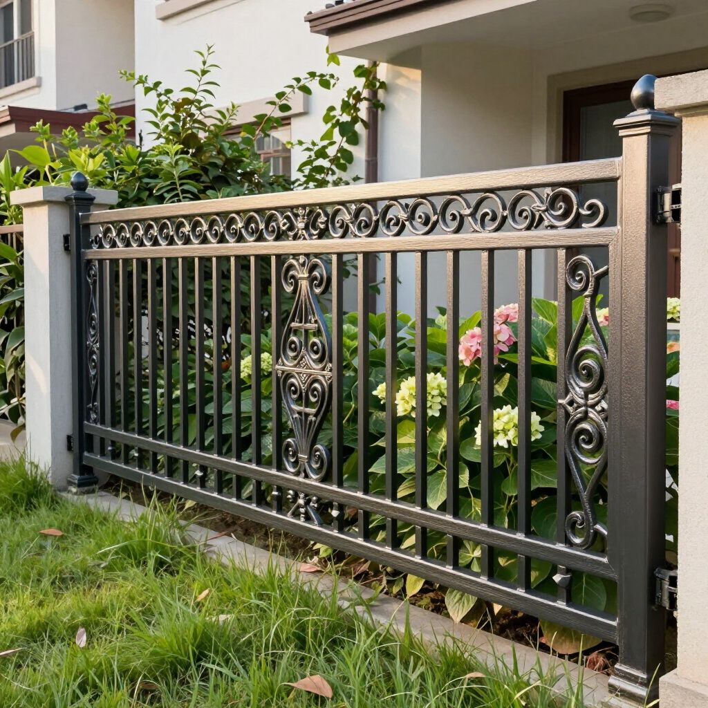 Black wrought iron fence with decorative scrolls and vertical bars, bordering a garden.