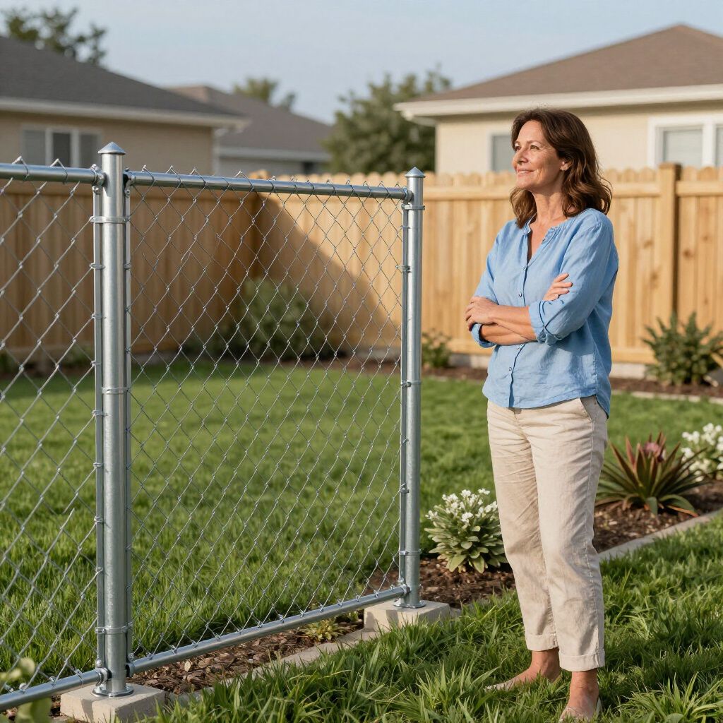 Woman in a backyard, standing near a chain-link fence, looking off into the distance, arms crossed.