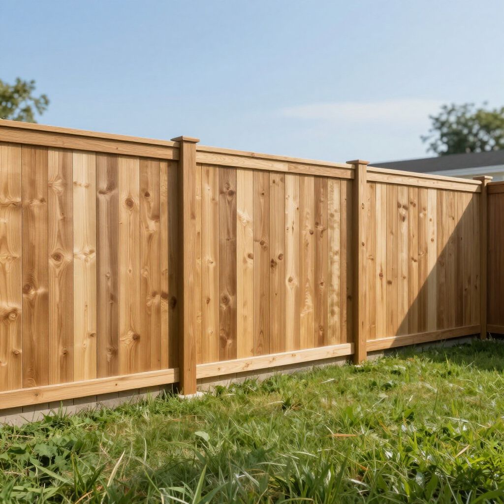 Wooden privacy fence in a grassy backyard, under a blue sky.