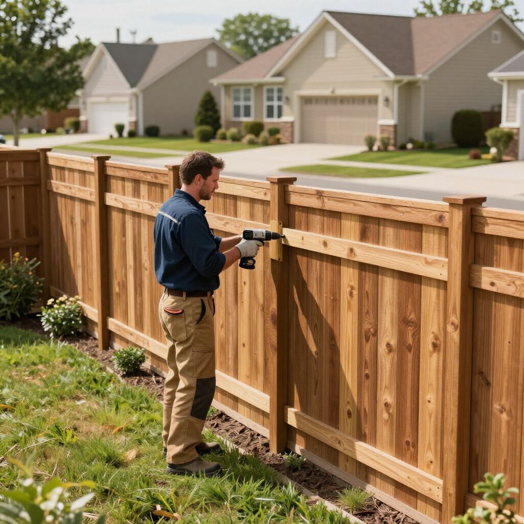 Man using a nail gun to build a wooden fence in a suburban yard.