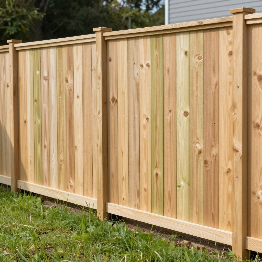 Wooden fence with vertical planks, installed outdoors on green grass.
