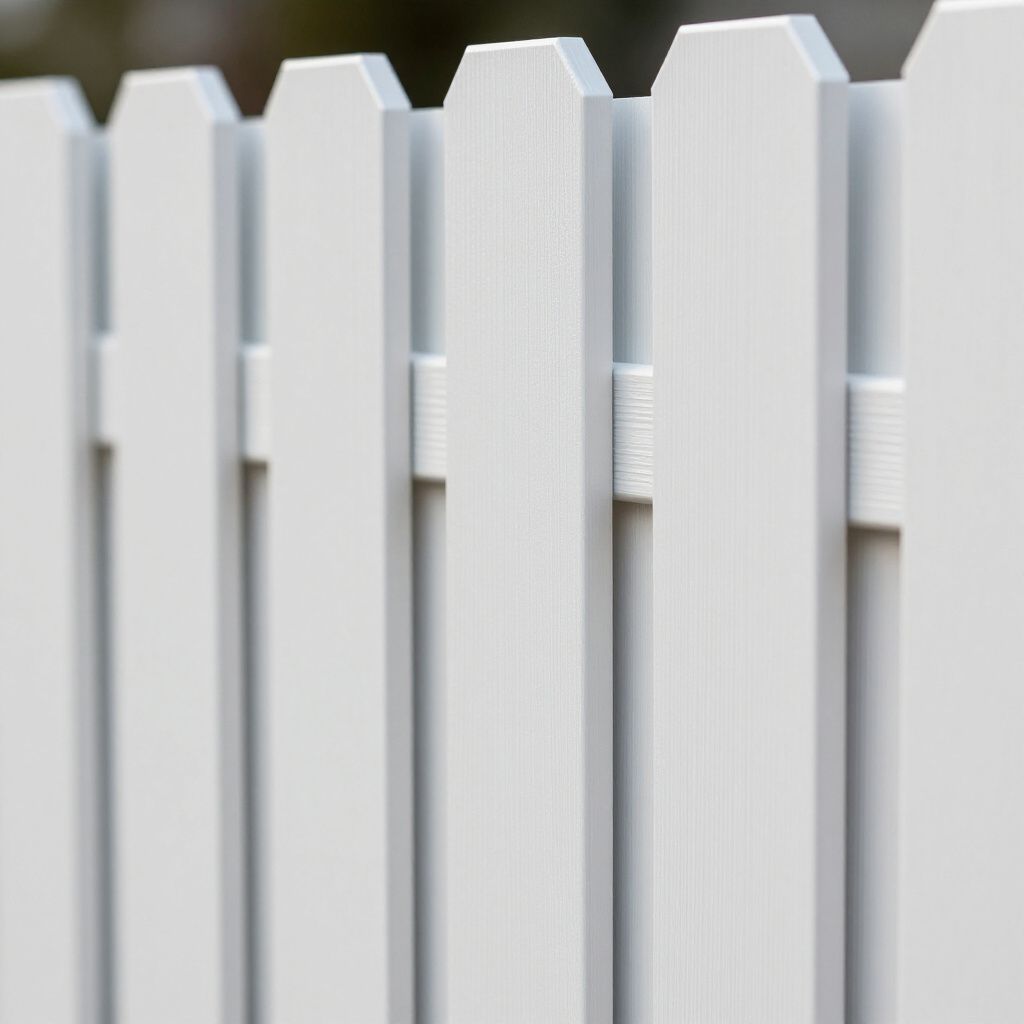White picket fence, close-up. Vertical planks with pointed tops.
