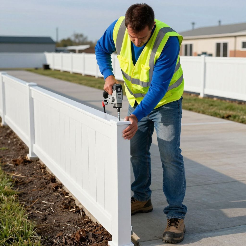Person in safety vest using a drill to install white fence along a walkway.