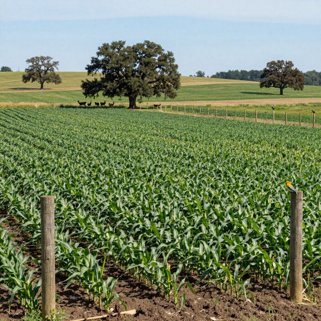 Field of green crops with trees and grazing animals under a blue sky.