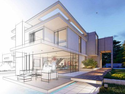 Modern home design sketch with partial coloring, sunny outdoor setting.