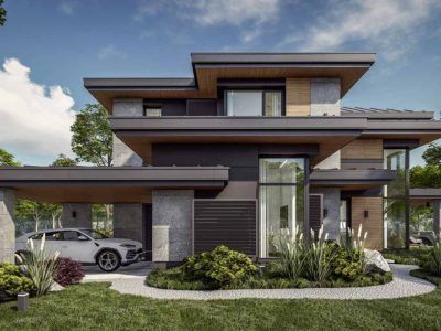 Modern two-story house with flat roof, covered car parking, stone and dark wood exterior. Lush landscaping and blue sky.