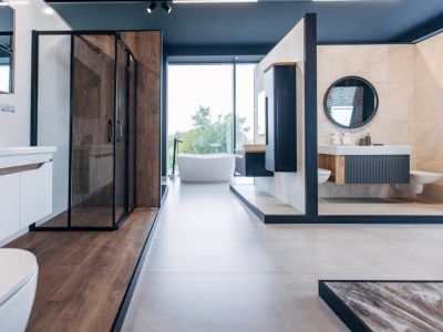 Bathroom showroom with various displays of fixtures and tiling.