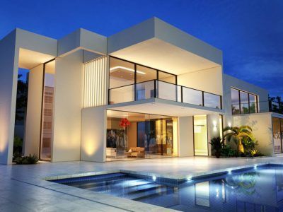 Modern white mansion with pool at dusk; large windows, glass balconies, and minimalist design.