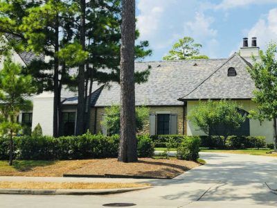 A light-colored house with a gray roof and trees in front on a sunny day.