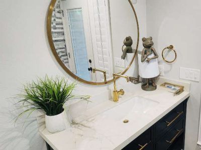 Bathroom vanity with gold fixtures, round mirror, frog statue, and potted plant.