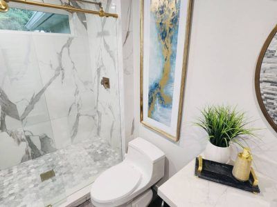 Modern bathroom with marble shower, gold accents, art, and plant.