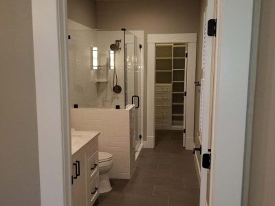 Bathroom interior with shower, vanity, toilet, and walk-in closet, neutral colors.
