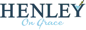 "HENLEY" in navy blue with "On Grace" in light blue. Martini glass icon in "Y".