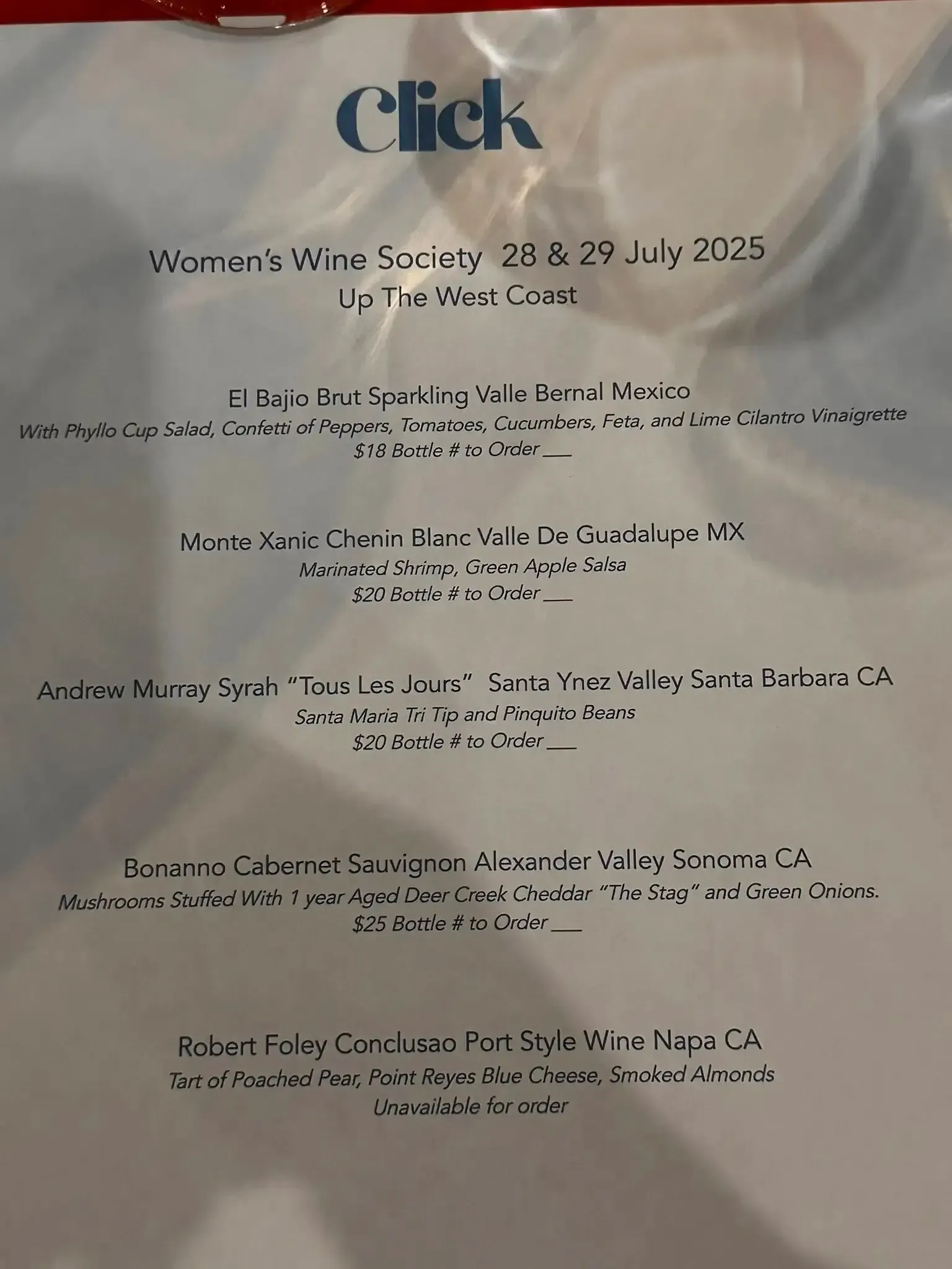 Wine and Wine Summit menu from Click Restaurant, featuring several wine descriptions.