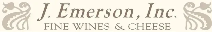 Logo for J. Emerson, Inc., Fine Wines & Cheese. Cream background with decorative flourishes.
