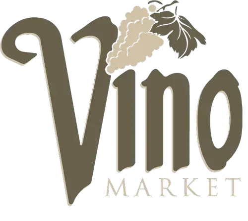 Vino Market logo with stylized brown text and grape bunch illustration. "Vino" is the primary word. "Market" is underneath.