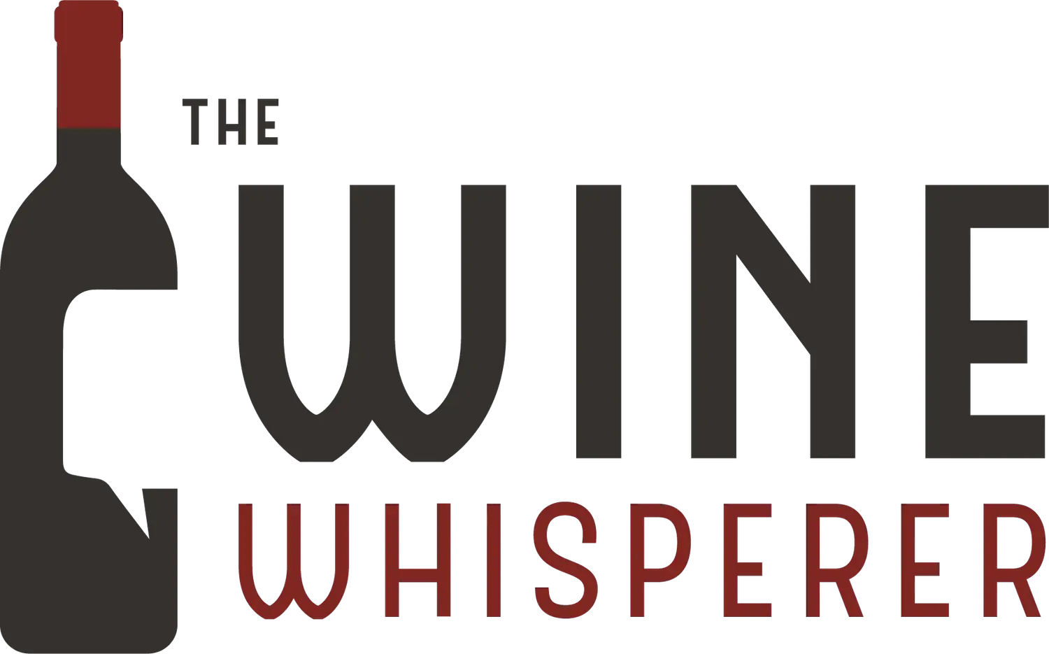 Logo: Black wine bottle outline next to the words "THE WINE WHISPERER" in dark gray and maroon.