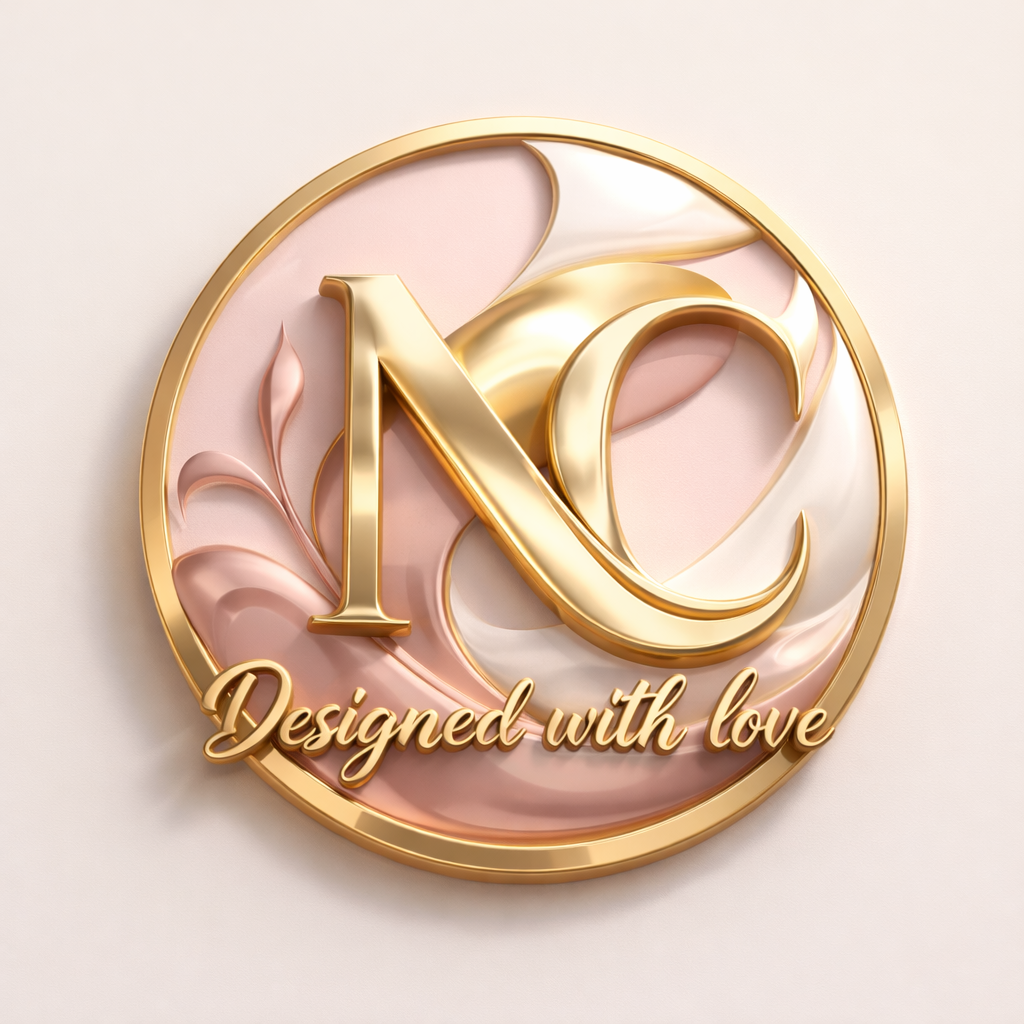 Gouden monogram &ldquo;NC&rdquo; in een roze bloemencirkel met daaronder de tekst &ldquo;Designed with love&rdquo;.