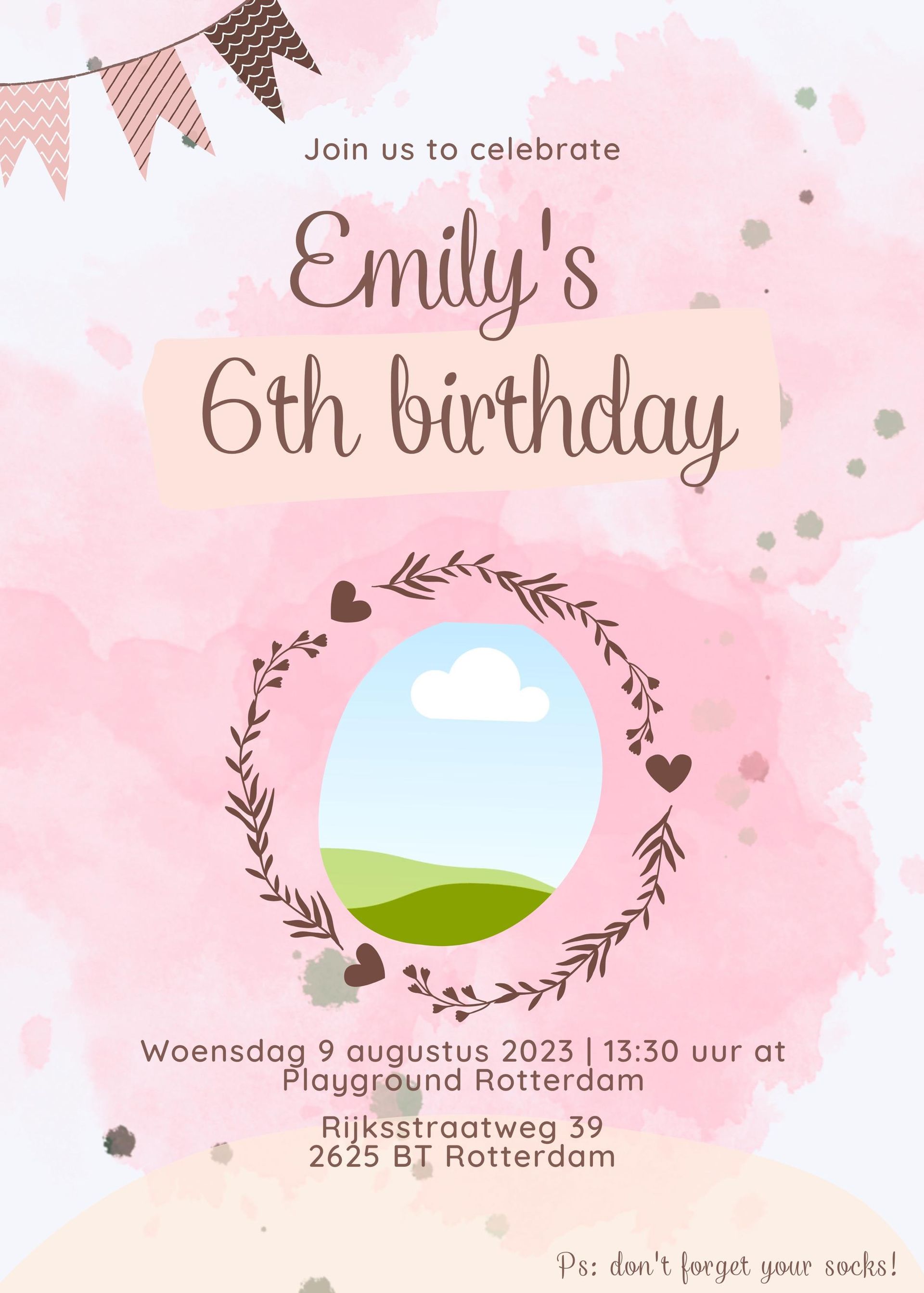 Invitation rose pour un 6e anniversaire (fille) - Modèle Canva modifiable - Téléchargement numérique - Design aquarelle pastel avec cœurs