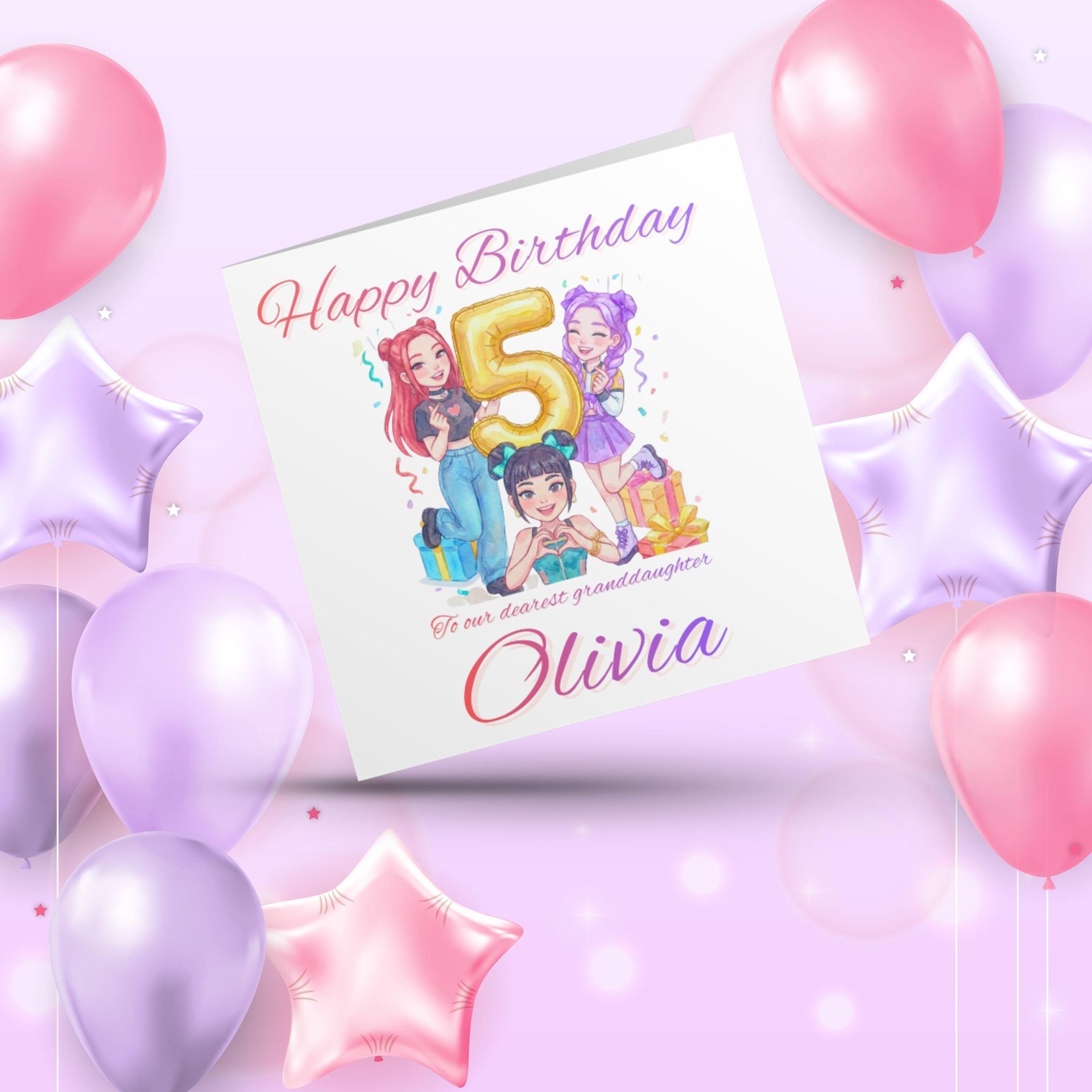 Personalized K-Pop Birthday Card • Cute Girl Group Anime Style • Custom Name Age & Relation • Granddaughter Daughter Niece •
