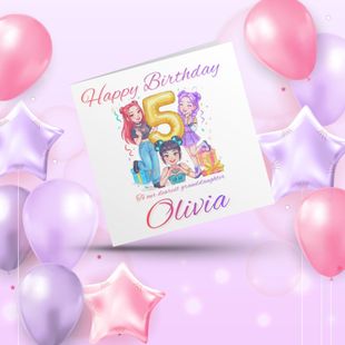 Roze verjaardagskaart voor Olivia met een kleurrijke 5 en pastelkleurige ballonnen op een lavendelkleurige achtergrond.