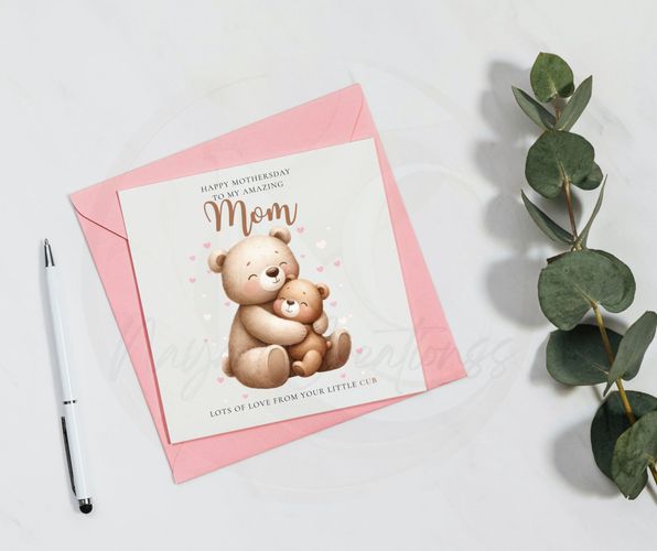 Roze kaart met teddyberen en de tekst 