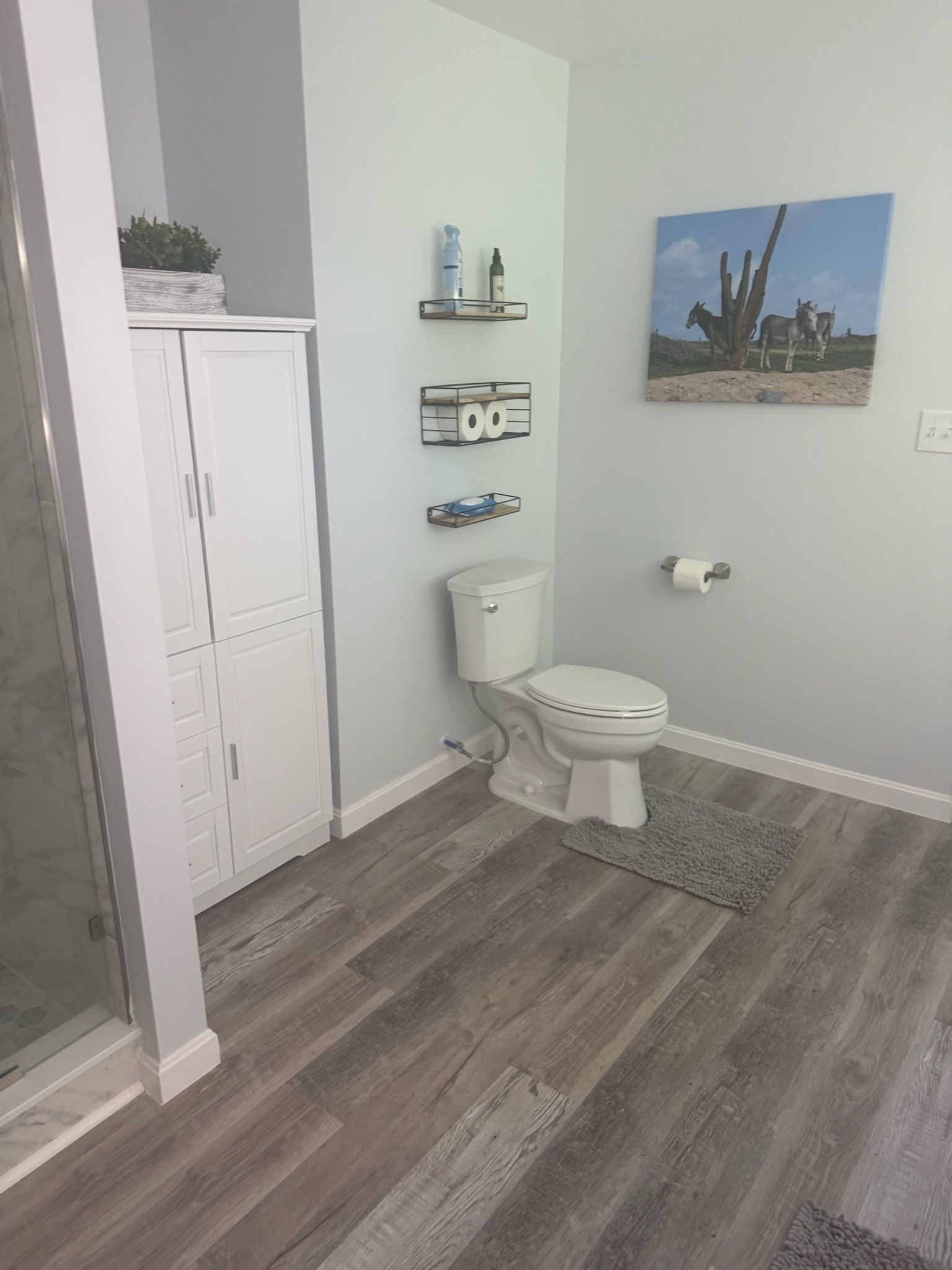 A bathroom with a toilet and a picture on the wall.