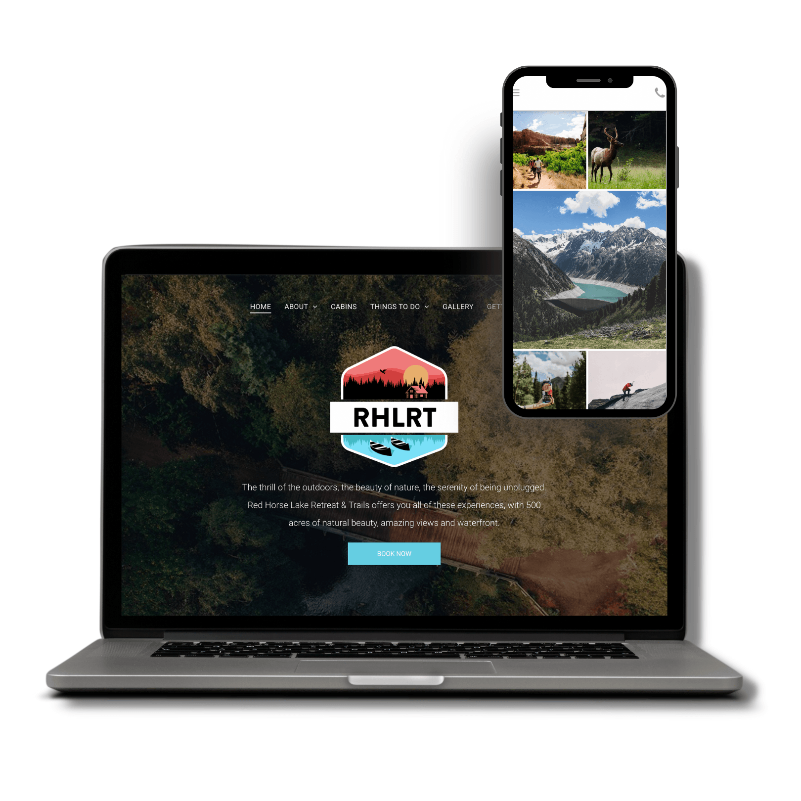 A laptop and a cell phone are displaying a website called rhlrt.