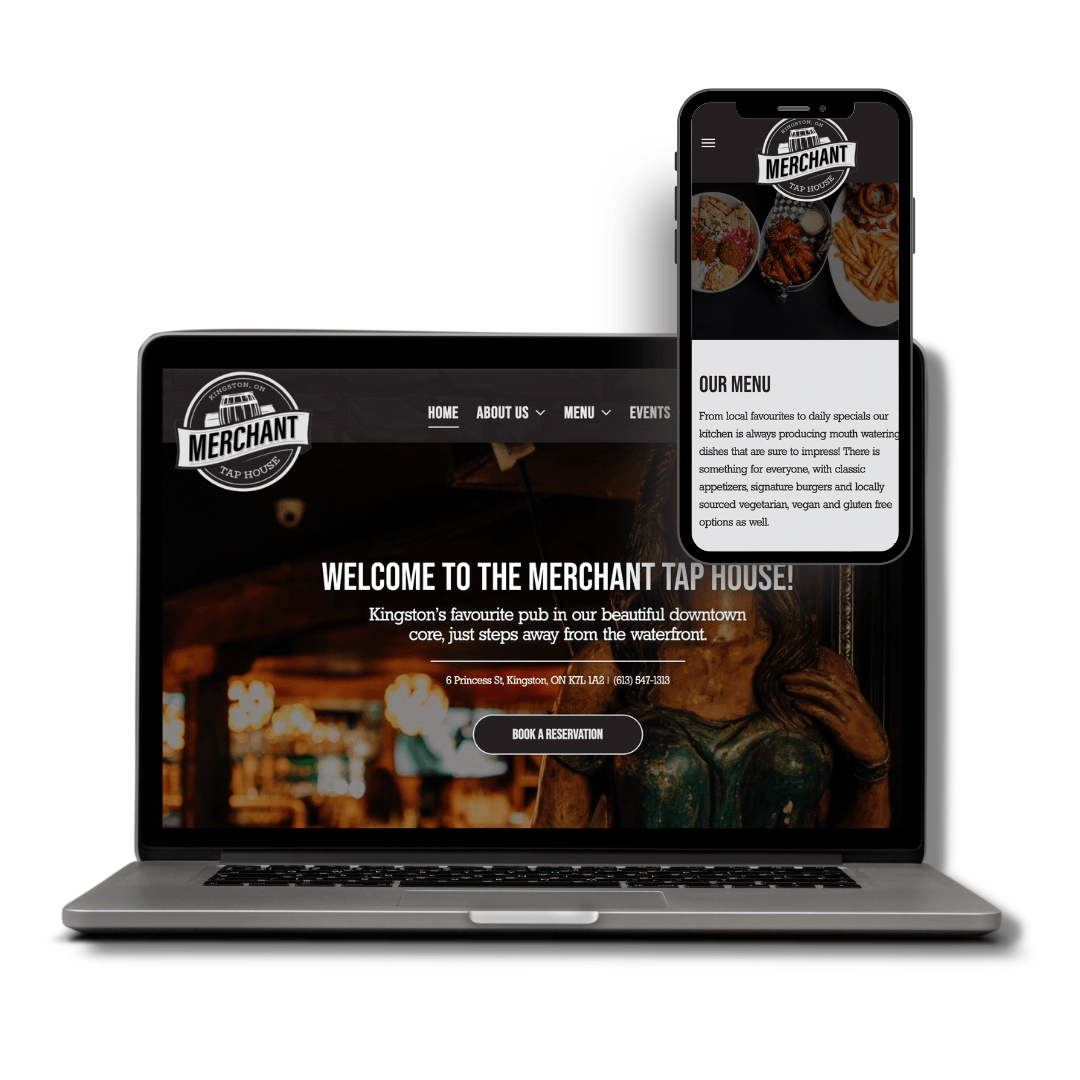 A laptop and a cell phone are displaying a website for the merchant tap house.