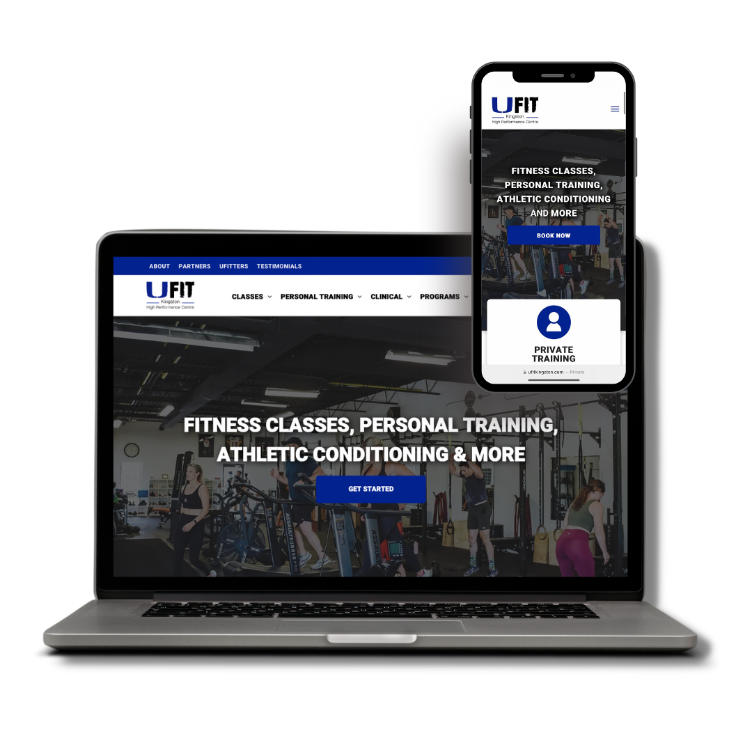 A laptop and a cell phone are displaying a website for a fitness center.