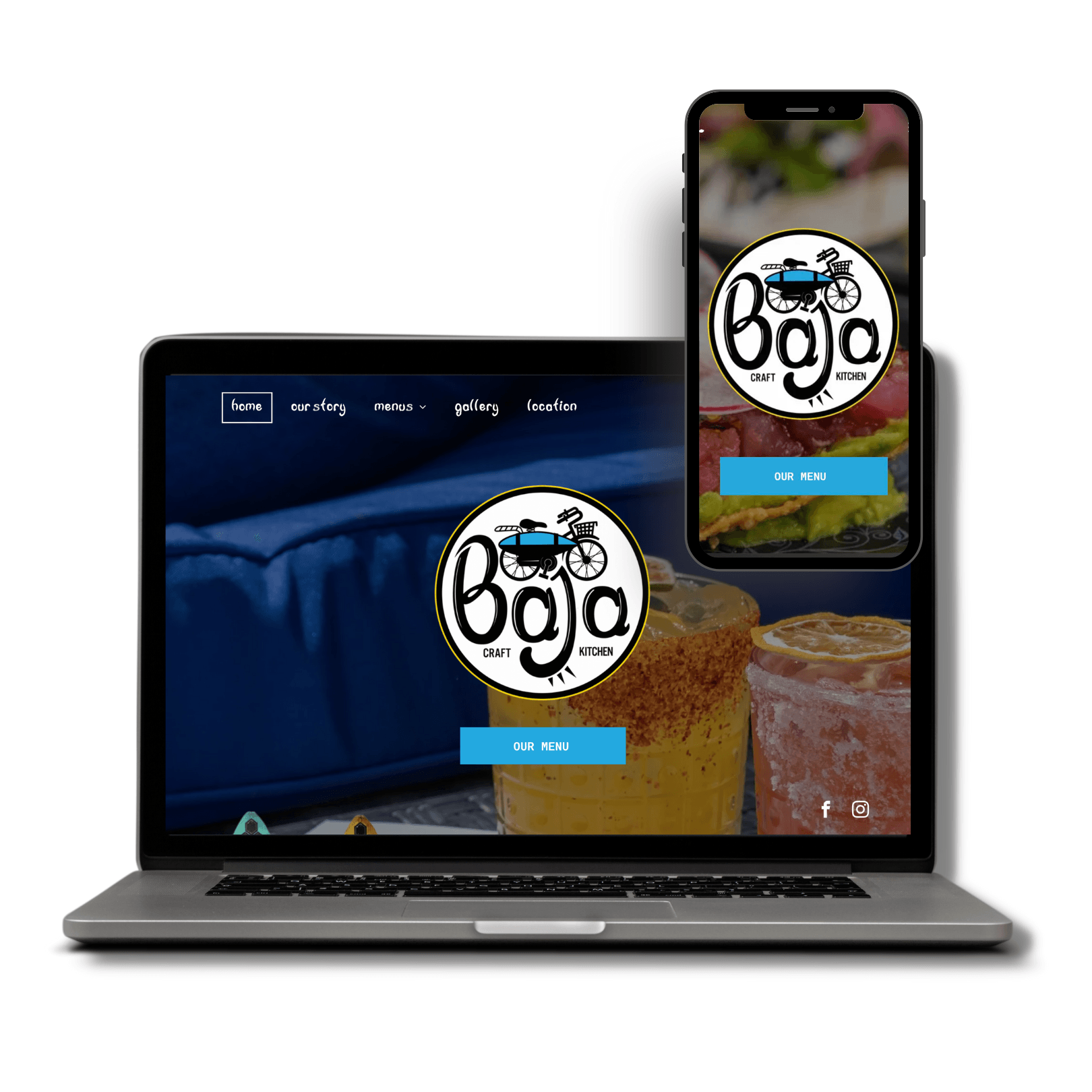 A laptop and a cell phone are displaying a website for a restaurant.