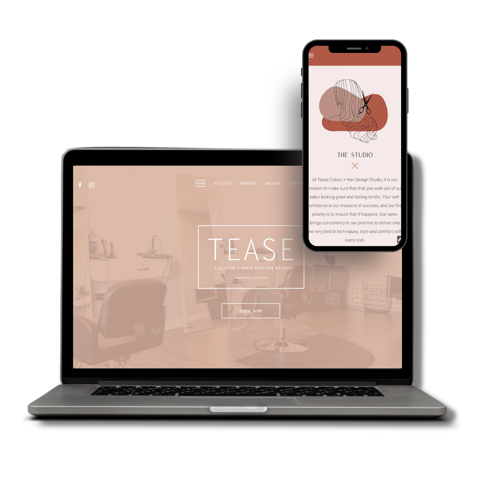 A laptop and a cell phone are displaying a website for a hair salon.