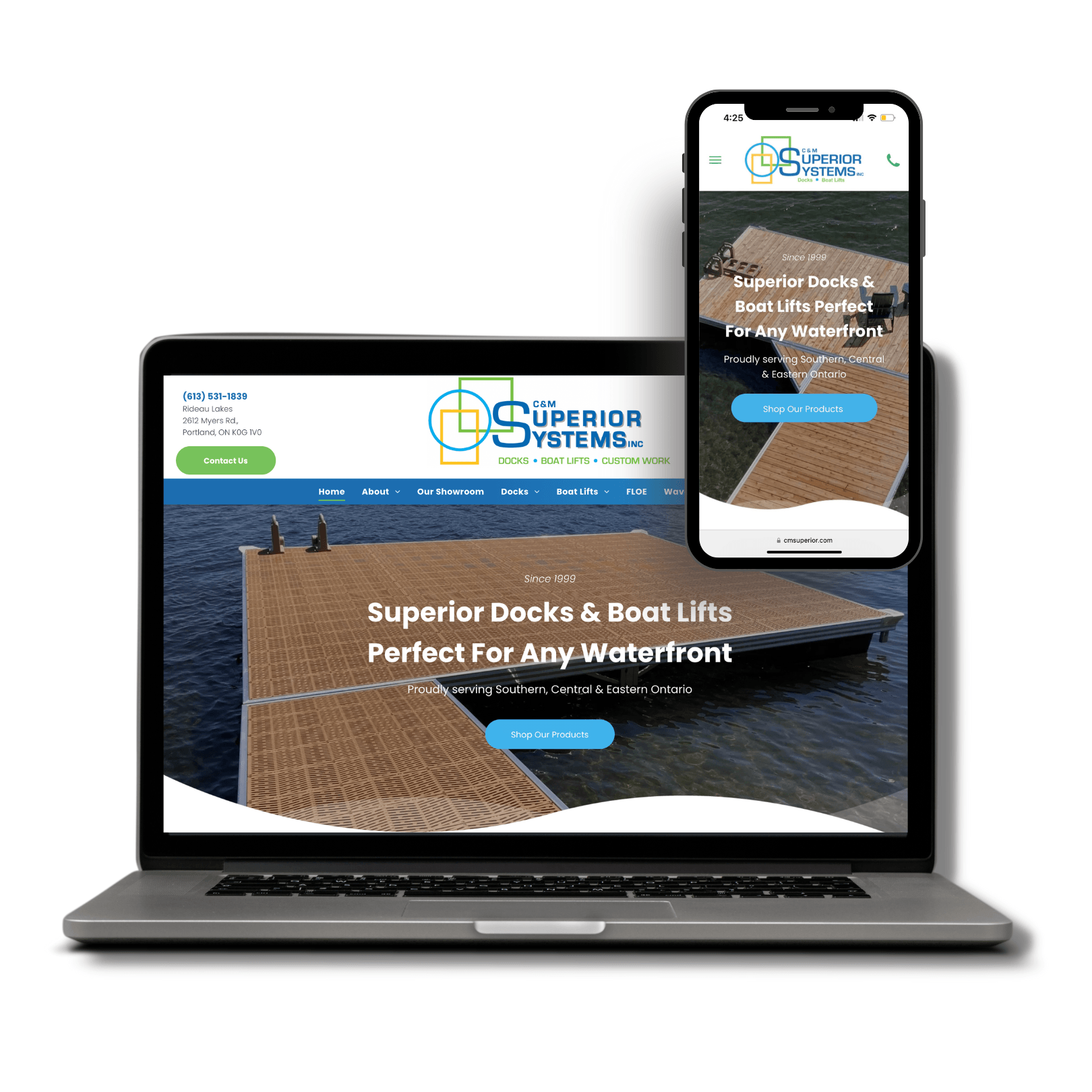 A laptop and a cell phone displaying a website for superior docks and boat lifts.