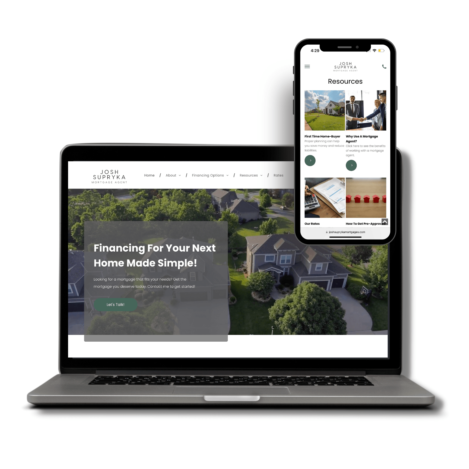 A laptop and a cell phone are displaying a website for a real estate company.