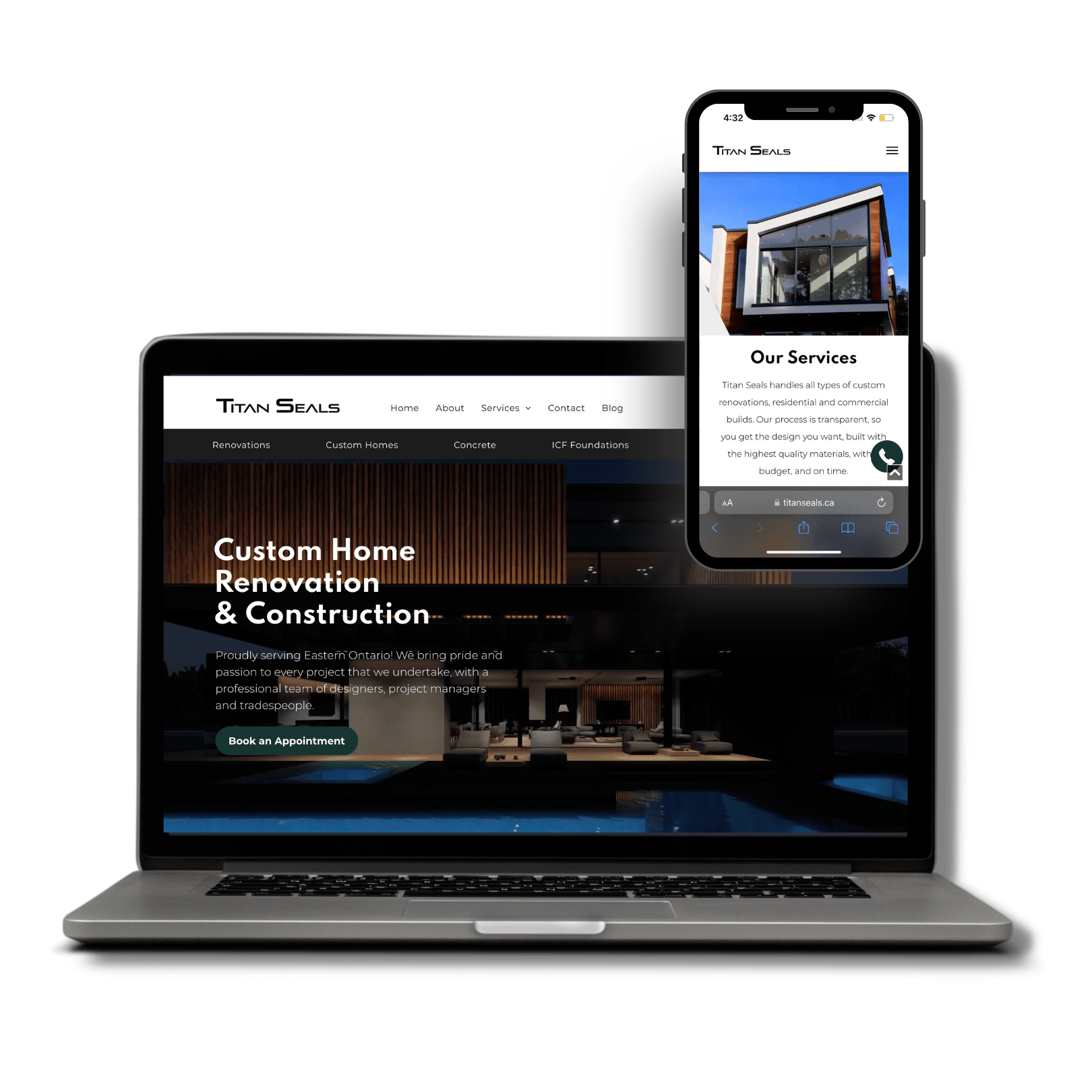 A laptop and a cell phone are displaying a website for custom home renovation and construction.