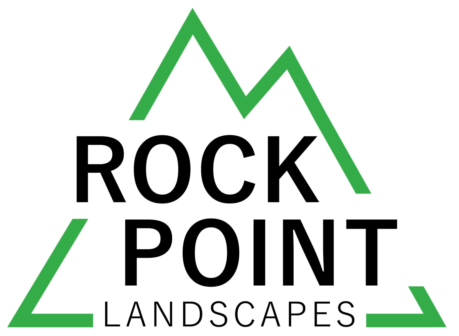 A logo for rock point landscapes with a mountain in the middle.