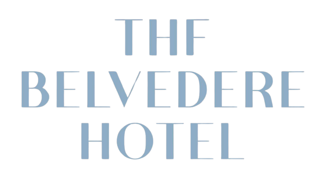 The belvedere hotel logo is blue and white on a white background.