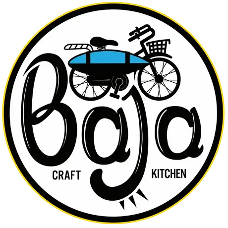 The logo for baja craft kitchen shows a bicycle with a surfboard on the back.