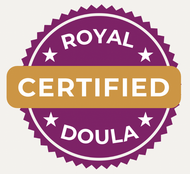 Royal Certified Doula badge, purple with gold text and stars.