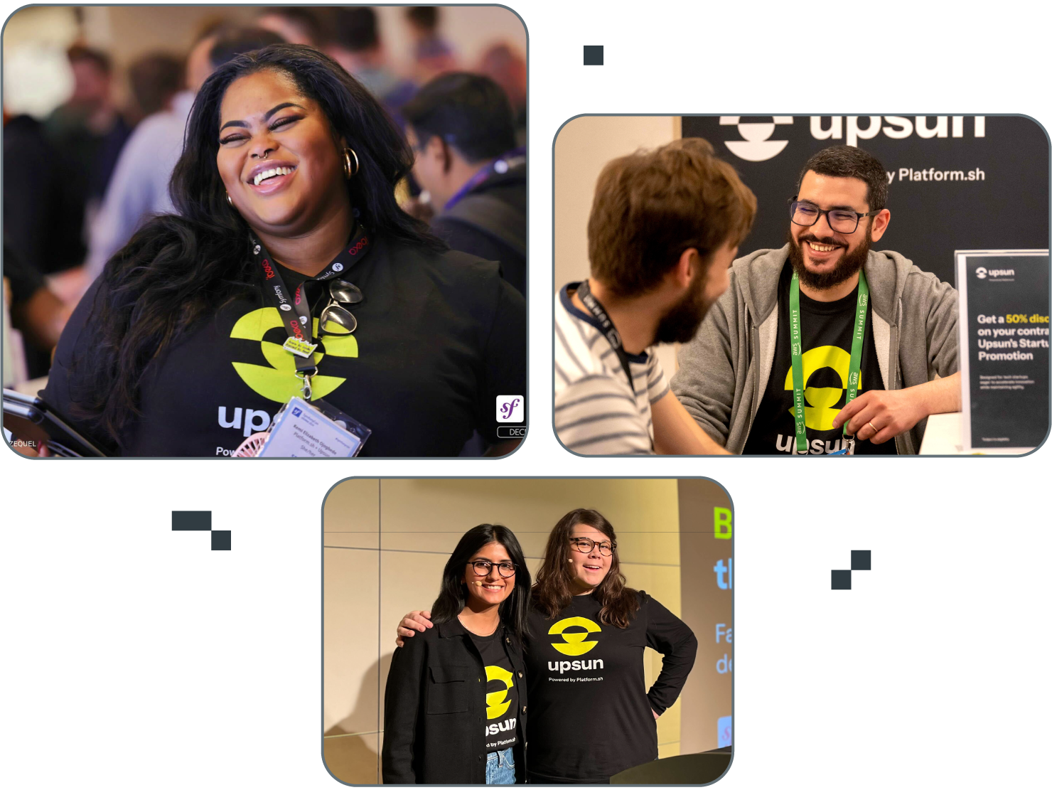 A collage of photos of smiling Upsun employees at various events.