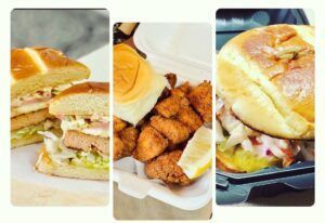 A sandwich , fried shrimp , and a hamburger are shown in a collage.