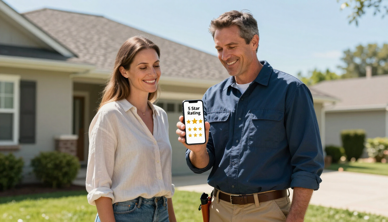 Roofing contractor showing 5-star reviews on a smartphone screen.