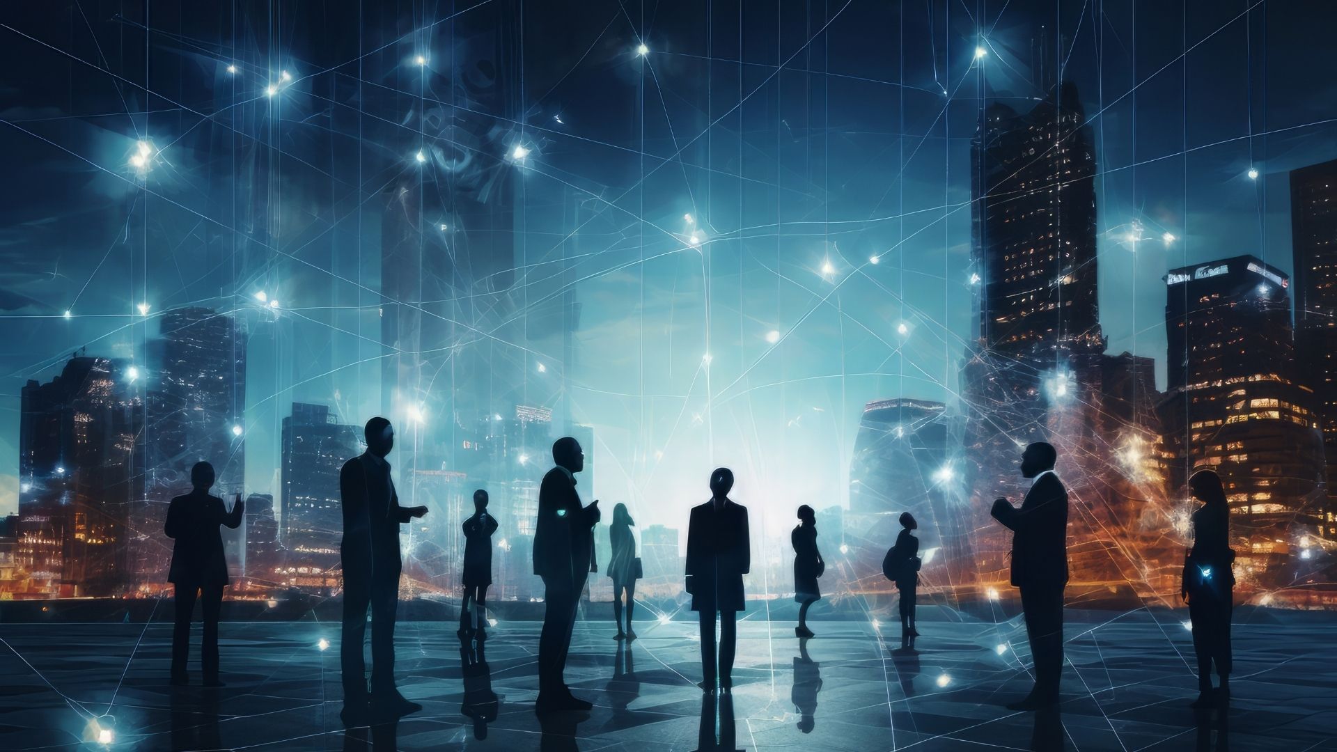A group of people are standing in front of a city at night.