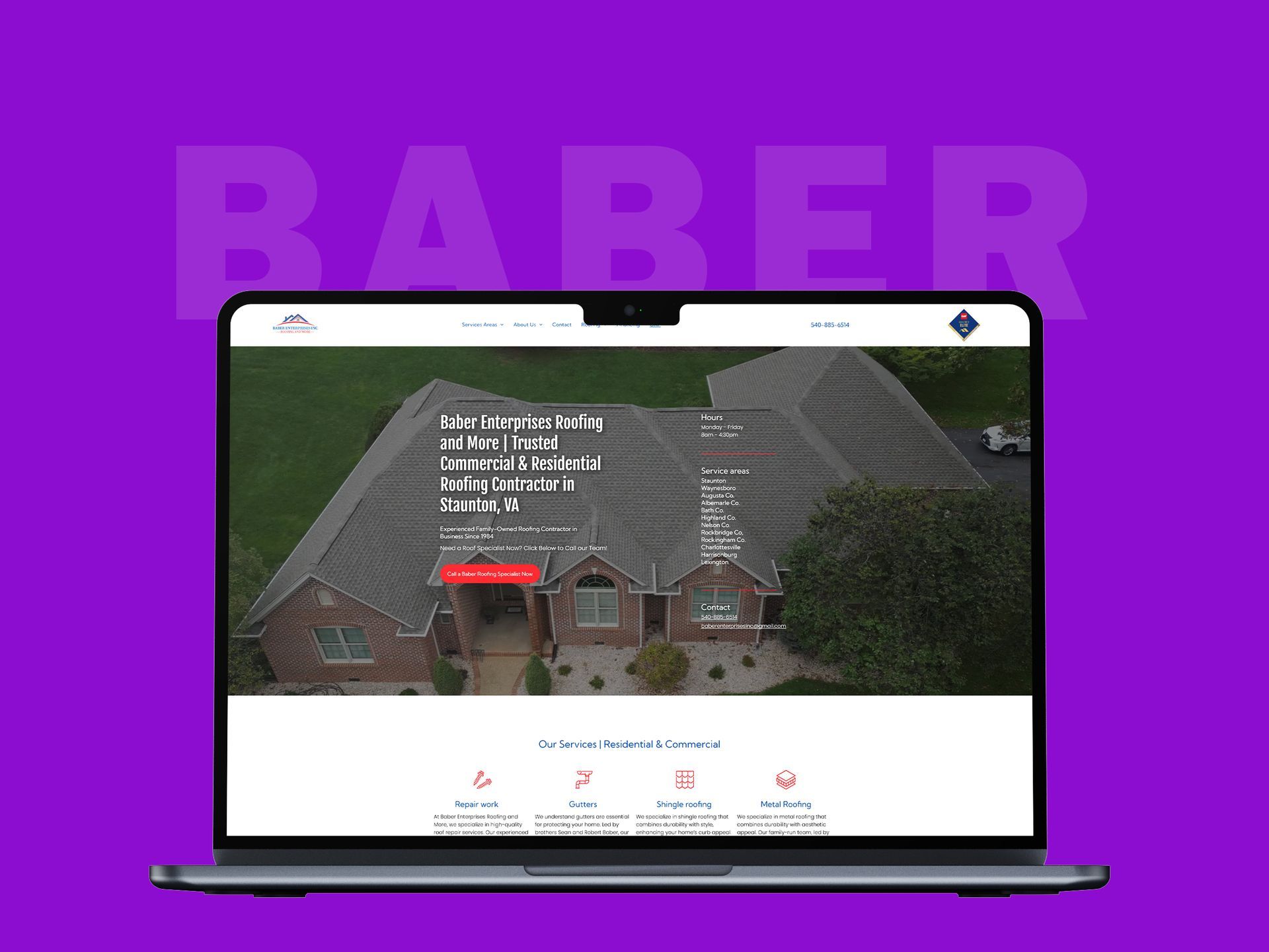 A laptop computer is displaying a website for a roofing company.