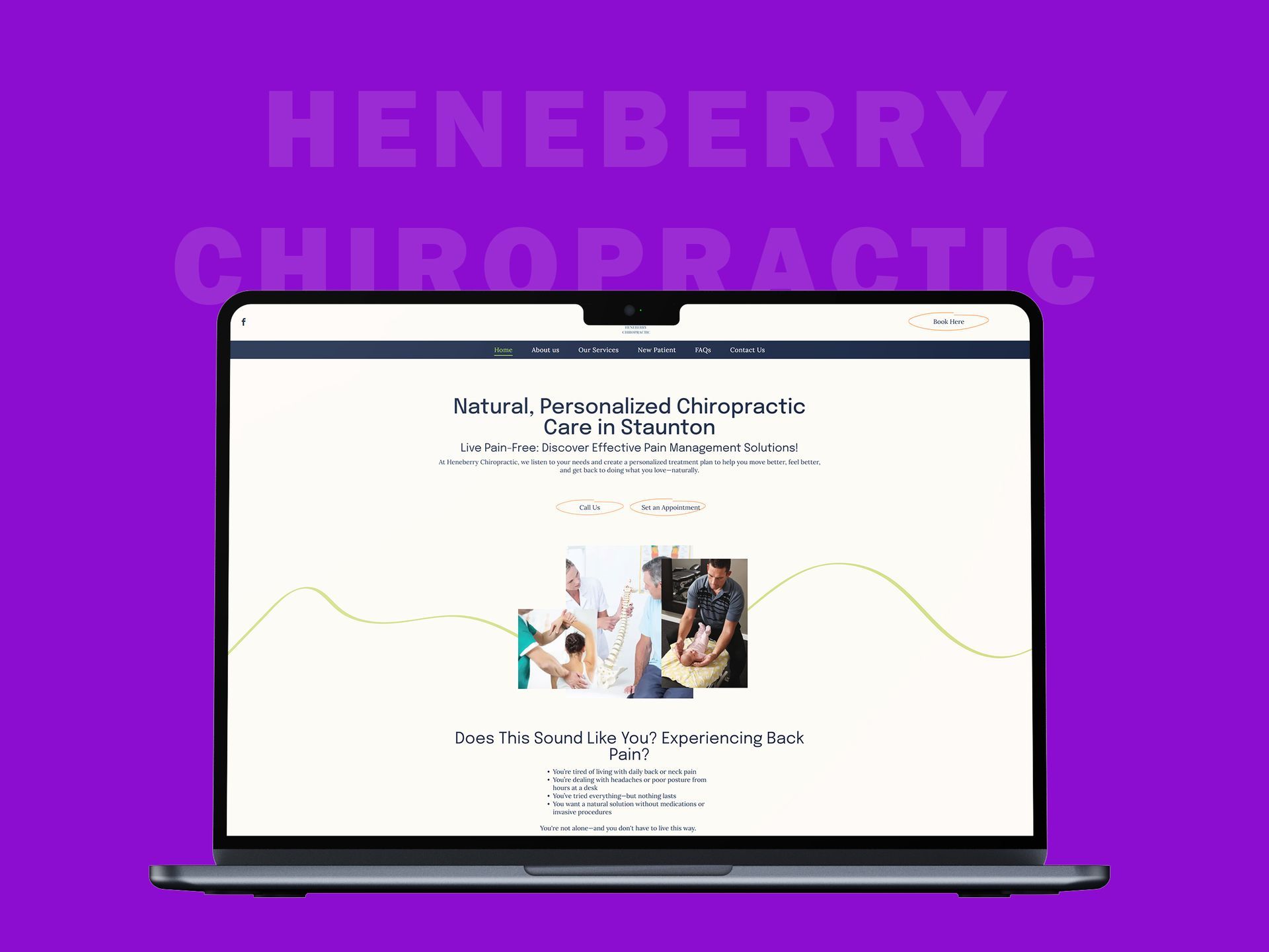 A laptop computer is open to a website for heneberry chiropractic.