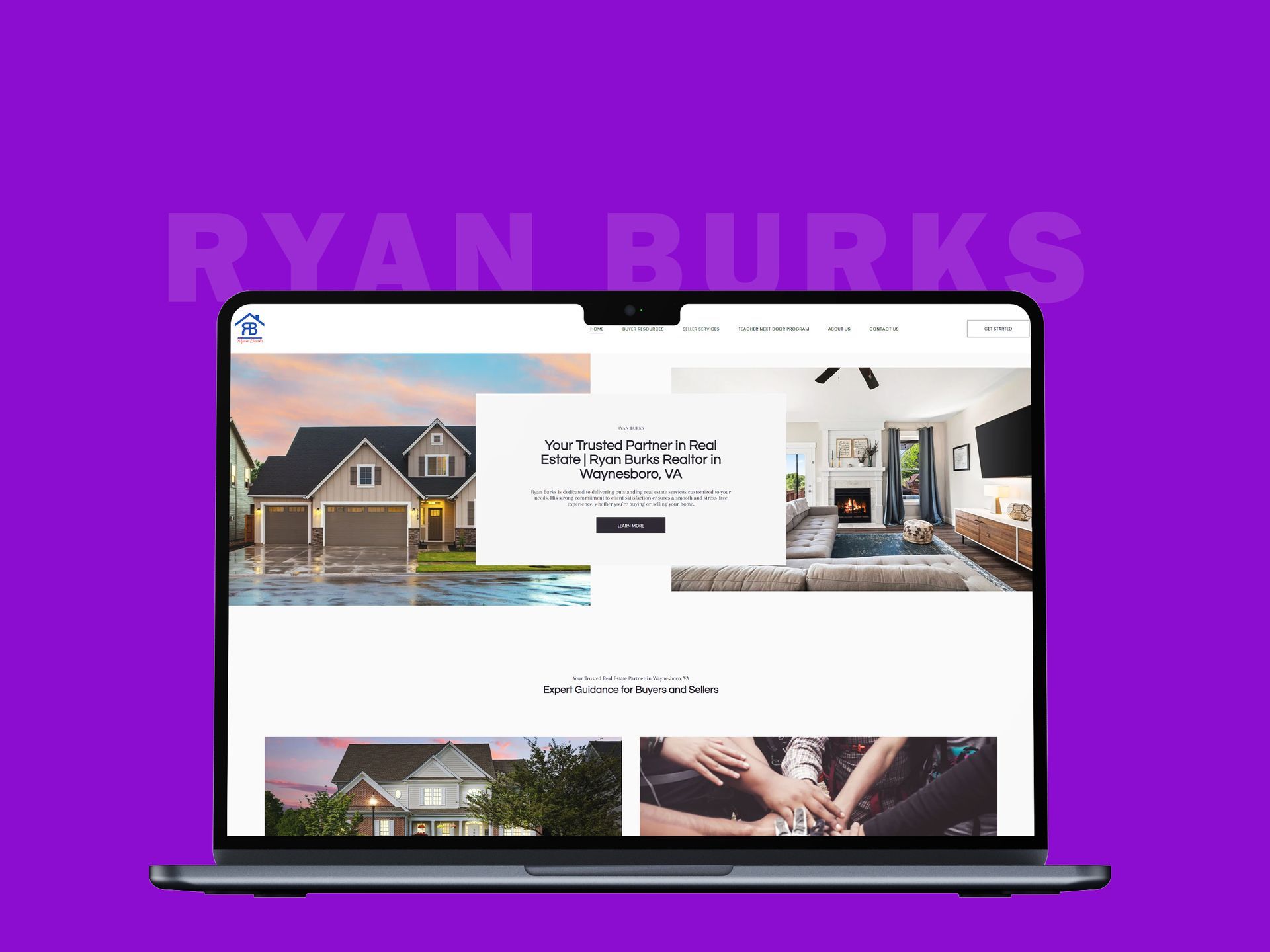 A laptop computer is displaying a website for ryan burks real estate.